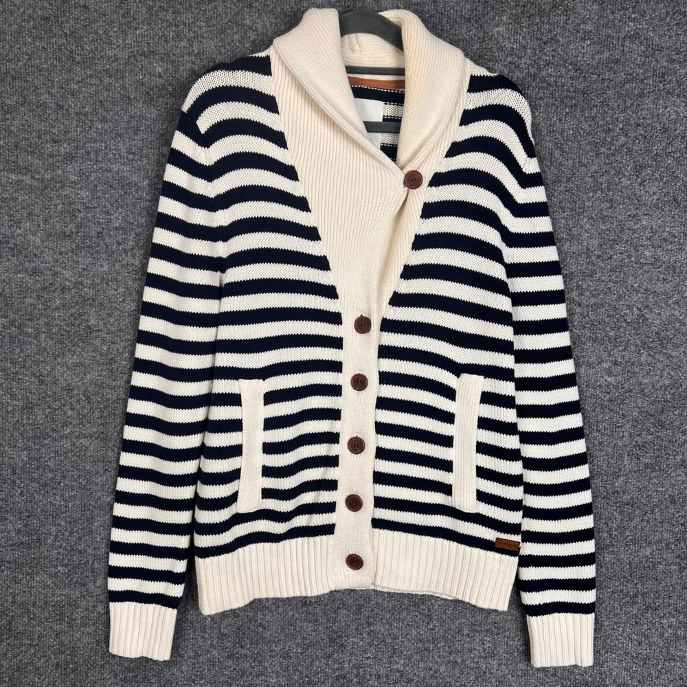 Wanakome Cardigan Sweater Womens Medium Cream Navy Good Shawl Collar Striped